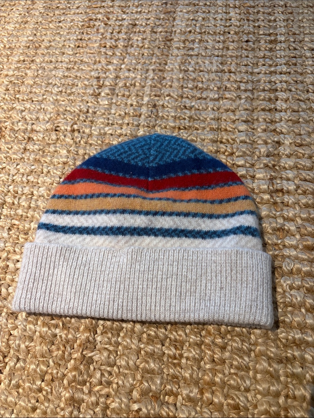 Faherty Cream Beanie with Blue, Red & Orange Stripes